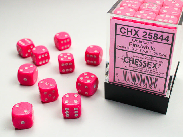 36 Opaque Pink/White 12mm D6 Dice Block - CHX25844