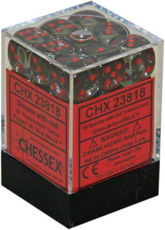 36 12mm Smoke w/Red Translucent D6 Dice Block - CHX23818