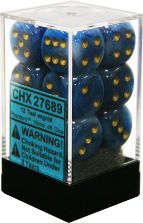 12 Teal/gold Phantom 16mm D6 Dice Block - CHX27689