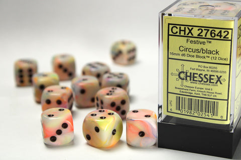 12 Circus/black Festive 16mm D6 Dice Block - CHX 27642