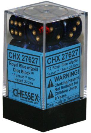 12 Royal Blue/gold Scarab 16mm D6 Dice Block - CHX27627