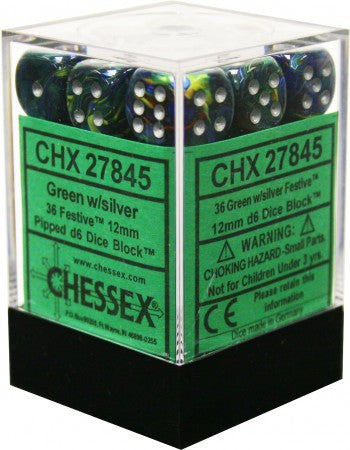 36 Green w/silver Festive 12mm D6 Dice Block - CHX27845