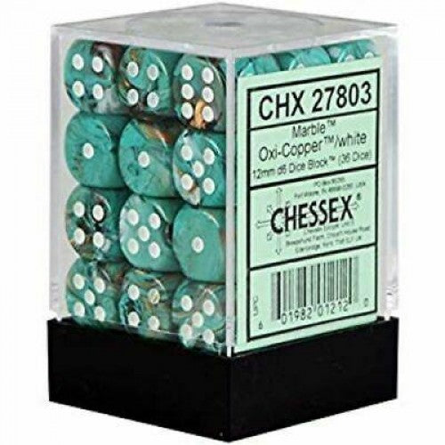 36 12mm Oxi-Copper/White Marble D6 Dice - CHX 27803