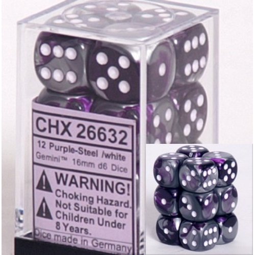 12 Purple-Steel /white Gemini 16mm D6 Dice - CHX26632