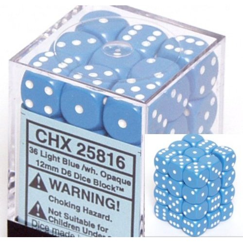 36 Light Blue w/white Opaque 12mm D6 Dice Block - CHX25816