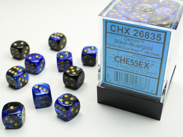 36 12mm Black-Blue w/Gold Gemini D6 Dice Block - CHX26835