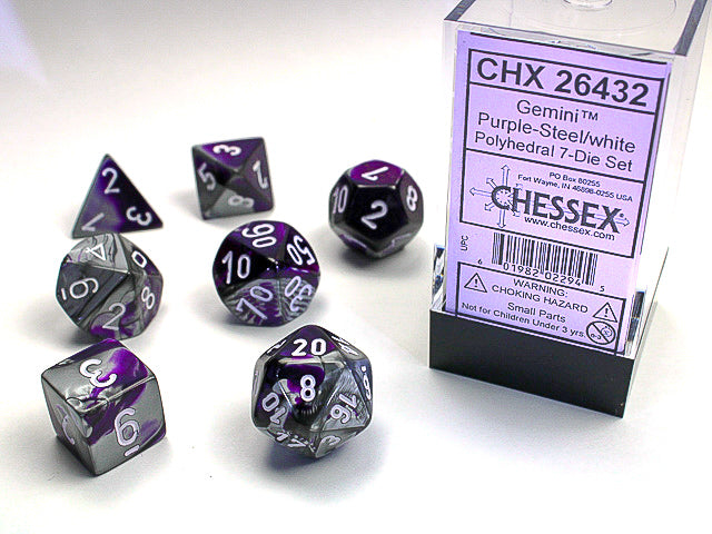 Gemini Purple-Steel/white Polyhedral 7-Die Set - CHX26432