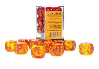 12 16mm Translucent Red-Yellow/gold Gemini D6 Dice Set - CHX26668