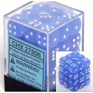36 12mm Blue/White Frosted D6 Dice - CHX 27806