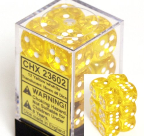 12 Yellow w/white Translucent 16mm D6 Dice Block - CHX23602
